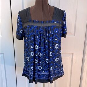 Jessica Square & Pleated Neckline Blue & Black Floral Blouse, XL